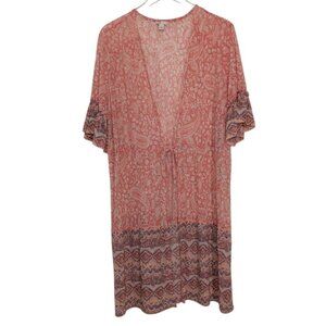 Cato Paisley Sheer Cardigan Womens Size Large Pink Lightweight Stretch Topper